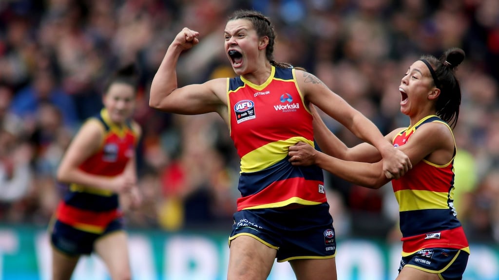 Anne Hatchard celebrates after scoring the first of Adelaide Crows’ 10 goals in the AFLW Grand Final match against Carlton Blues at the Adelaide Oval on Sunday. Photograph: David Mariuz/EPA