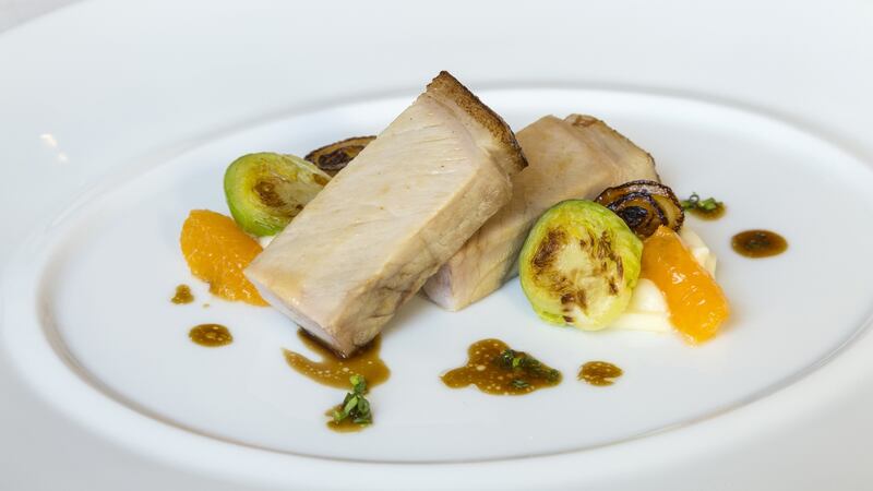 IFWG awards lunch main course of cider and apple smoked Baltimore Bacon with parsnip purée, caramelised Brussels sprouts and onions and fresh mandarinPhotograph: Paul Sherwood