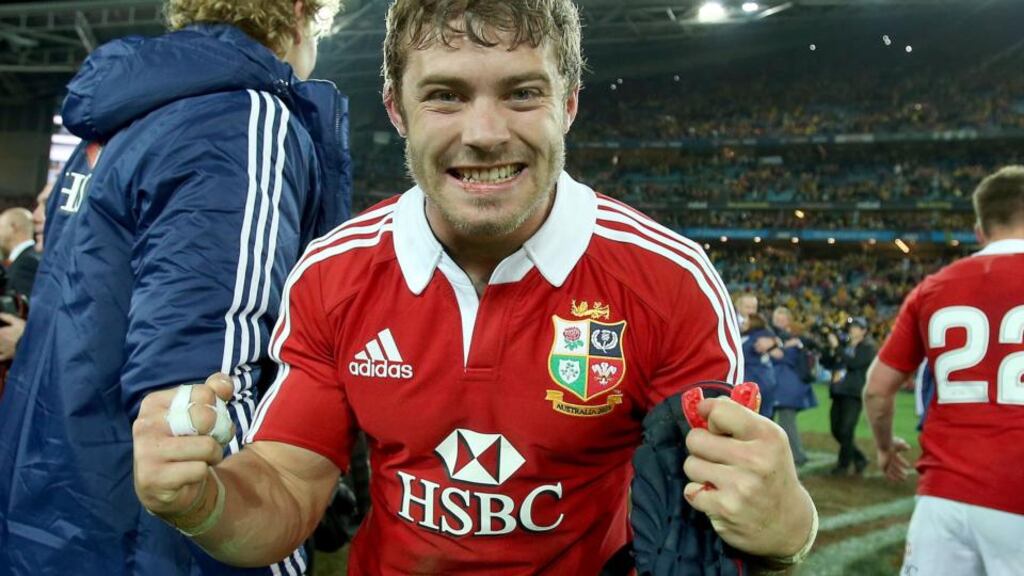 Leigh Halfpenny celebrates after the Lions victory and his man of the match performance. Photograph: Dan Sheridan/Inpho.