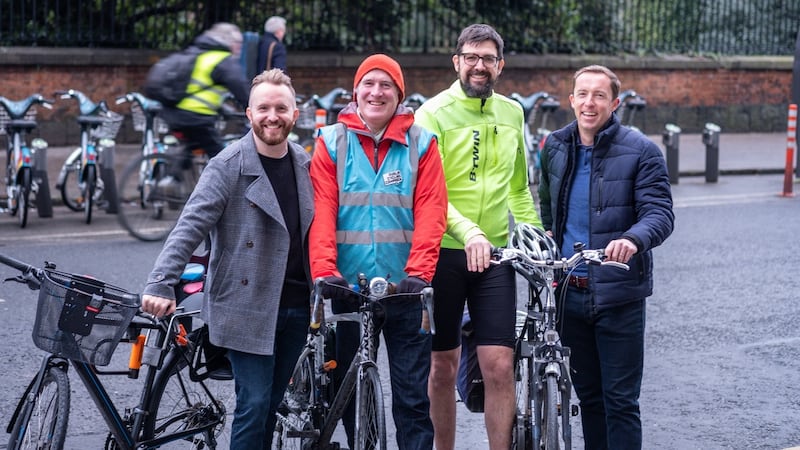 Damien O’Tuama of the Dublin Cycling Campaign with David,A. Karlström, Paulo Rodriguez, and Mannix Ryan of Dropbox. Photograph: Steven Neligan