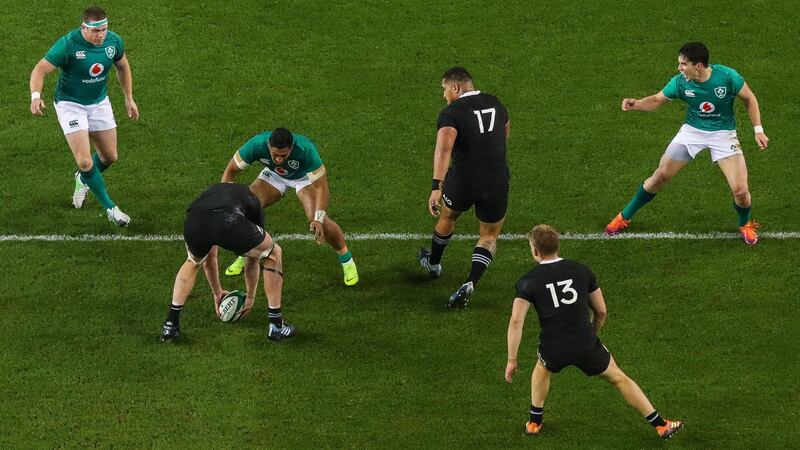 New Zealand’s Brodie Retallick knocks the ball on to end the game. Photograph: Tommy Dickson/Inpho