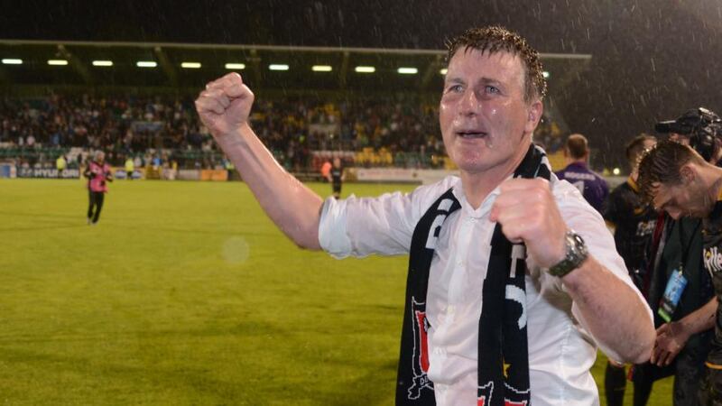 Dundalk’s manager Stephen Kenny celebrates the victory over BATE Borisov at Tallaght Stadium. Photograph: Ciaran CulliganIInpho