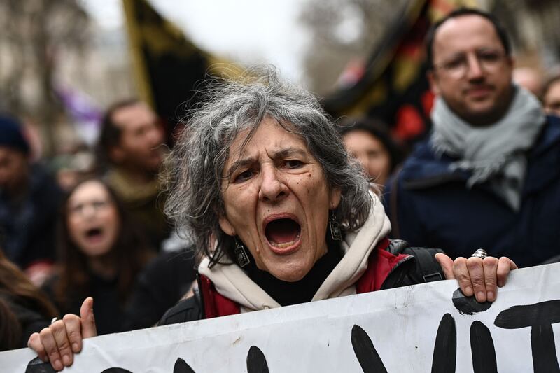 A demonstration in Paris against pension reforms on Tuesday. It was the 10th day protest since mid-January. Photograph: Christophe Archambault/Getty Images