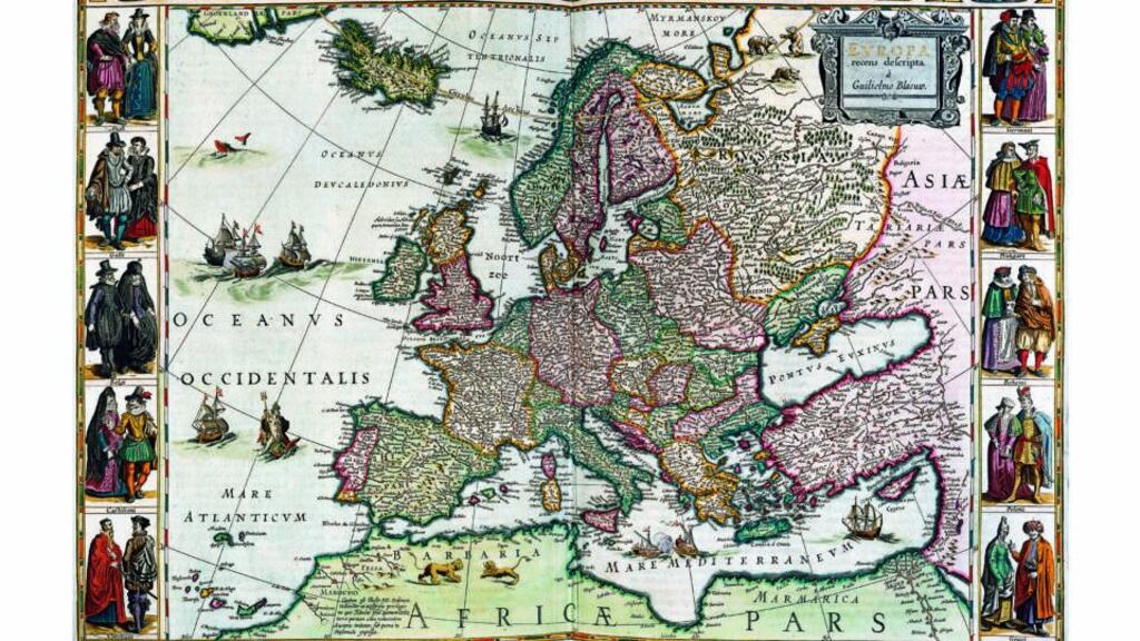 Europe at the centre: detail from a map by Willem Blaeu, a cartographer of the 16th and early 17th century.