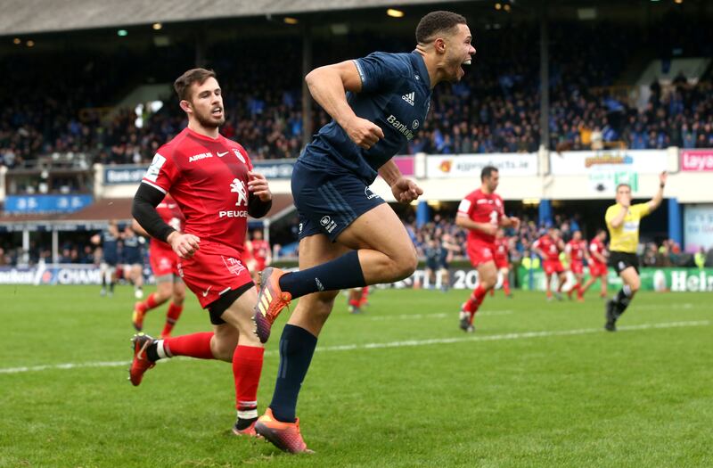 Adam Byrne celebrates scoring for Leinster against Toulouse at the RDS in 2019. Photograph: Oisin Keniry/Inpho