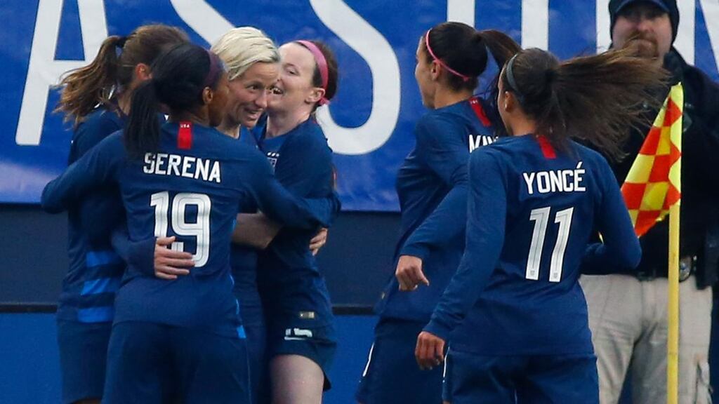 Serena Williams aka Crystal Dunn and Beyoncé aka Mallory Pugh during the SheBelieves Cup match between USA and England in Nashville on Saturday. Photograph: Frederick Breedon/Getty Images
