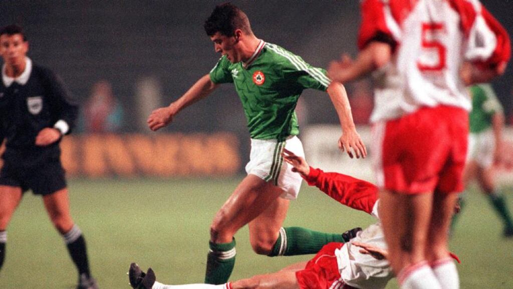 Roy Keane takes on the Poland defence in Poznan in 1991. Photograph: Alan Betson/Inpho