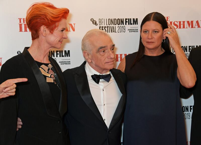 Sandy Powell with  Martin Scorsese (centre) and Emma Tillinger Koskoff at the International premiere and closing night gala screening of The Irishman in London, England in October. Photograph: David M Benett/Dave Benett/WireImage