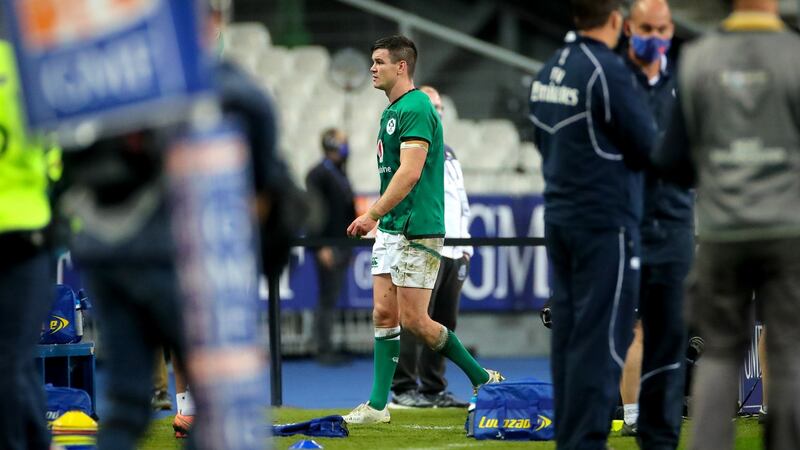 Johnny Sexton leaves the pitch in Paris. Photograph: James Crombie/Inpho