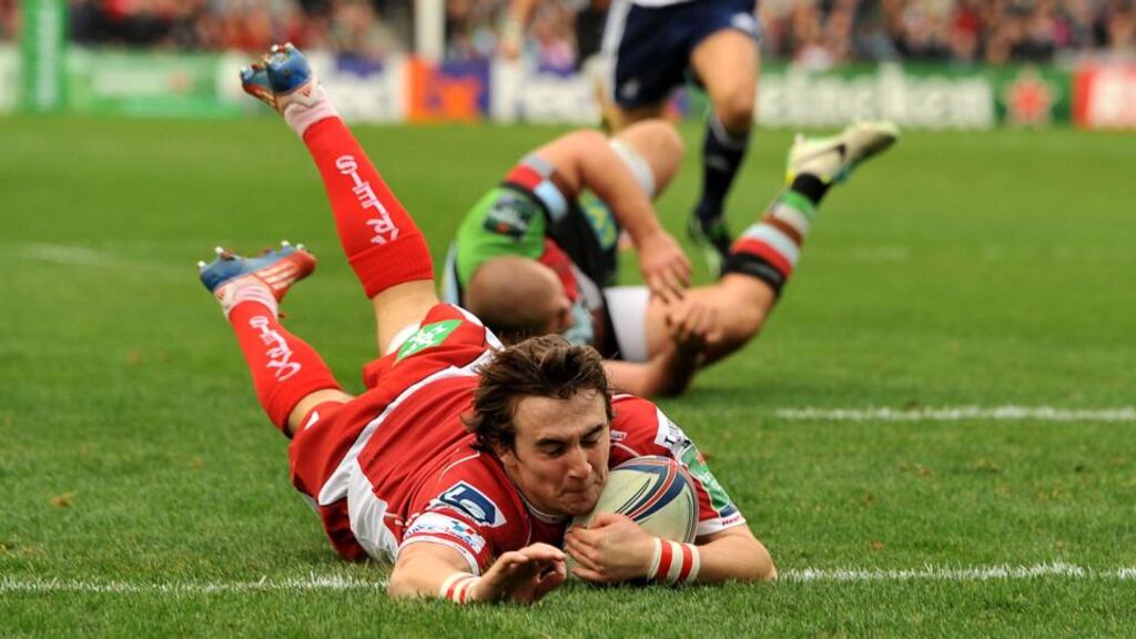 Scarlets’ Rhodri Williams dives in to score the first try against Harlequins at Twickenham Stoop. Photograph: Andrew Matthews/PA Wire