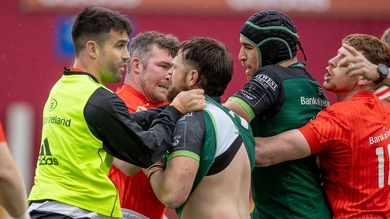 Munster and Connacht players in a scuffle during the match. Photograph: Morgan Treacy/Inpho
