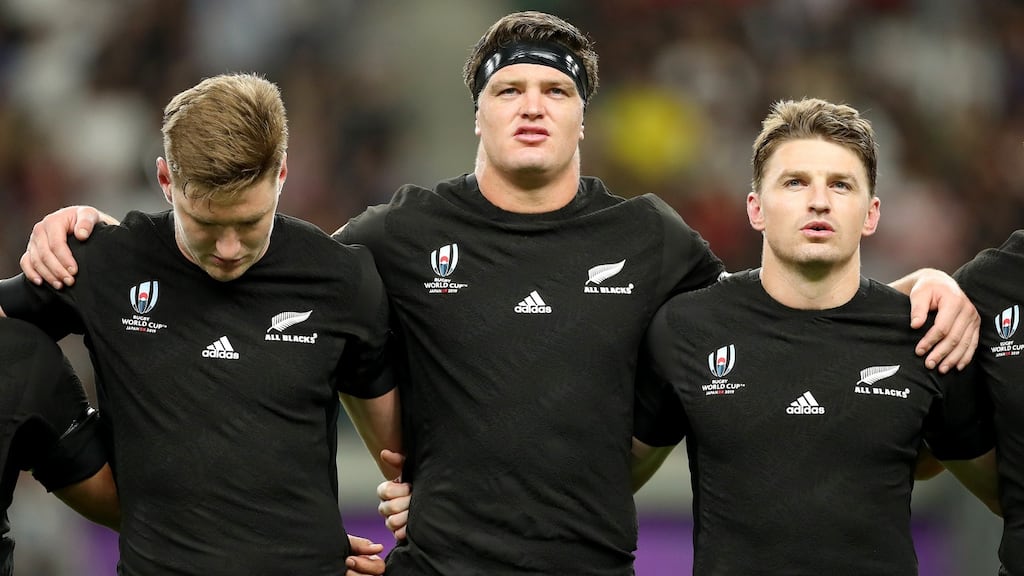 Jordie Barrett, Scott Barrett and Beauden Barrett of New Zealand line up for the national ahead of their win over Canada. Photograph: Hannah Peters/Getty Images