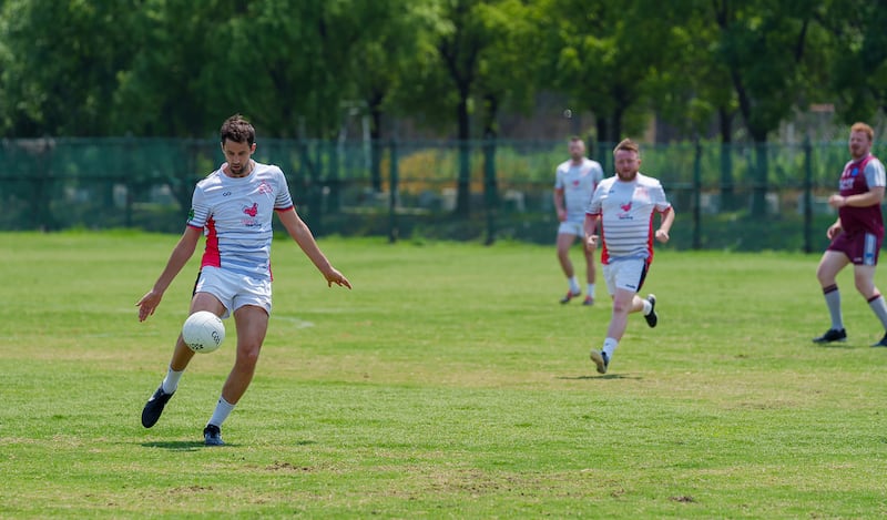 Paul Fogarty (left) playing for Beijing GAA. Photograph: Zhu Yanxun