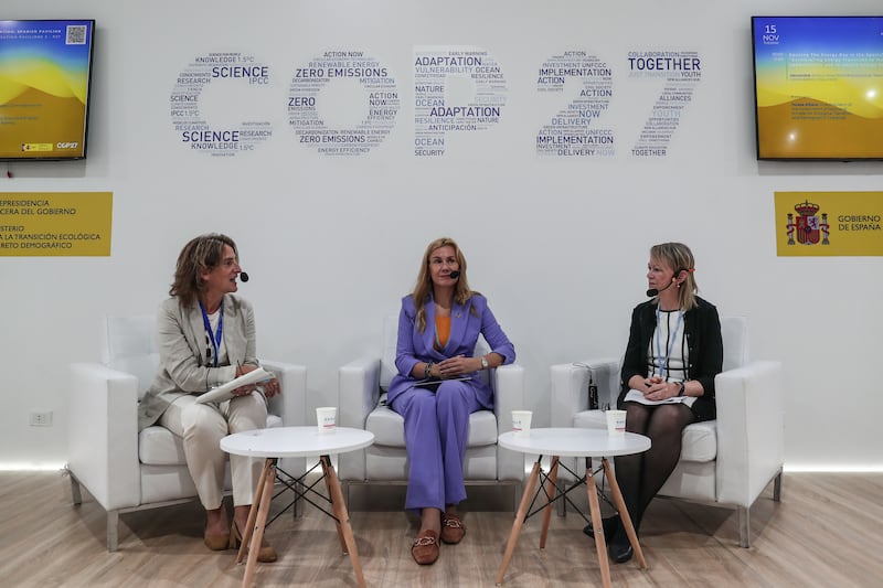 Mary Warlick, deputy executive director of the International Energy Agency (centre), with then-Spanish environment minister Teresa Ribera and European commissioner for energy Kadri Simson, at COP 27. Photograph: European Pressphoto Agency