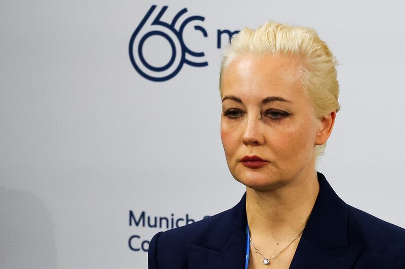 Yulia Navalnaya, wife of late Russian opposition leader Alexei Navalny, speaks at the Munich Security Conference hours after it was announced
that he had died. Photograph: Kai Pfaffenbach/AFP via Getty Images