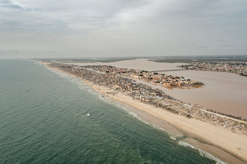 Aerial view of the Langue de Barbarie, a spit of land off the coast of northern Senegal that serves as a vital buffer between the Atlantic Ocean and the old French colonial capital of Saint-Louis. Photograph: Sirio Magnabosco