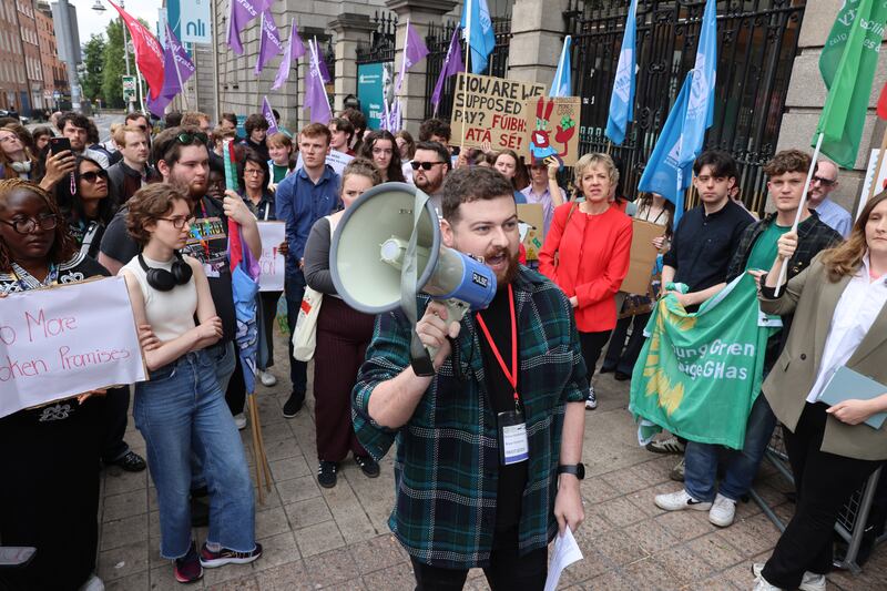 Bryan O'Mahony, AMLÉ president, at a protest at Leinster House over increases in student fees. Photograph: Dara Mac Dónaill/The Irish Times