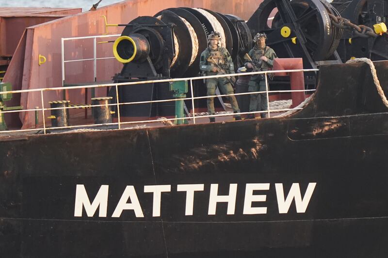 Military personnel onboard a cargo vessel named MV Matthew which was escorted into Cobh in Co Cork by the Irish Navy after a 'significant quantity' of suspected drugs were found onboard. Photograph: Niall Carson/PA Wire