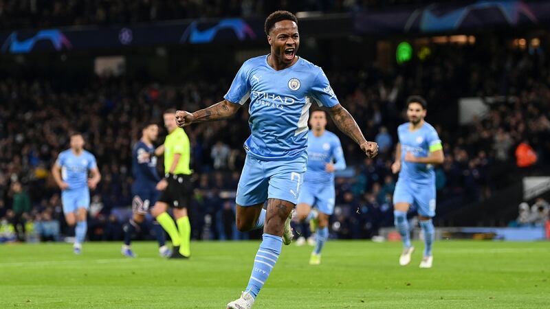 Raheem Sterling celebrates scoring Manchester City’s equaliser against PSG. Photograph: Shaun Botterill/Getty