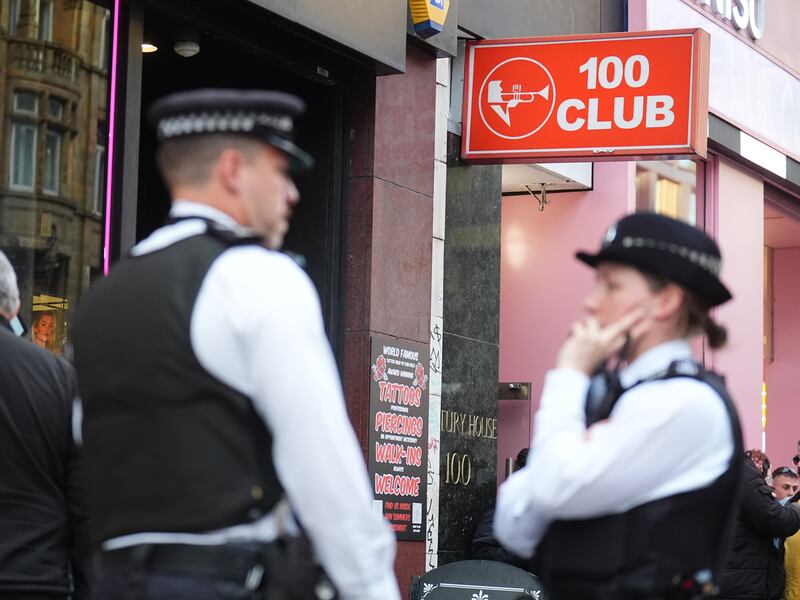 Police officers outside the 100 Club in Oxford Street, central London, where Kneecap played a surprise gig on Thursday evening. Photograph: PA /PA Wire