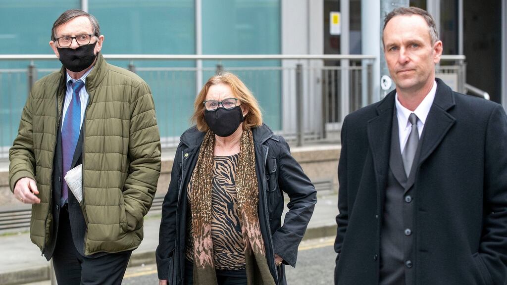 Padraig Creaven (right), of Menlo, Galway, widower of Aoife Mitchell Creaven, leaving the High Court on Wednesday with Aoife’s parents, Gabriel (left) and Marcella (centre) Mitchell. Photograph: Collins Courts