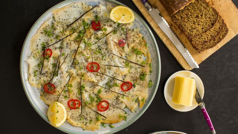 Carpaccio of smoked haddock with chilli, nori and lemon. Photograph: Emma Jervis