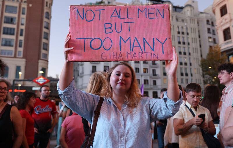 A protester holds a placard during a demonstration at Callao Square in Madrid in support to Spain's player Jenni Hermoso amid the mounting pressure for Luis Rubiales to step down from his position as president of the Spanish football federation. Photograph: Aldara Zarraoa/Getty Images