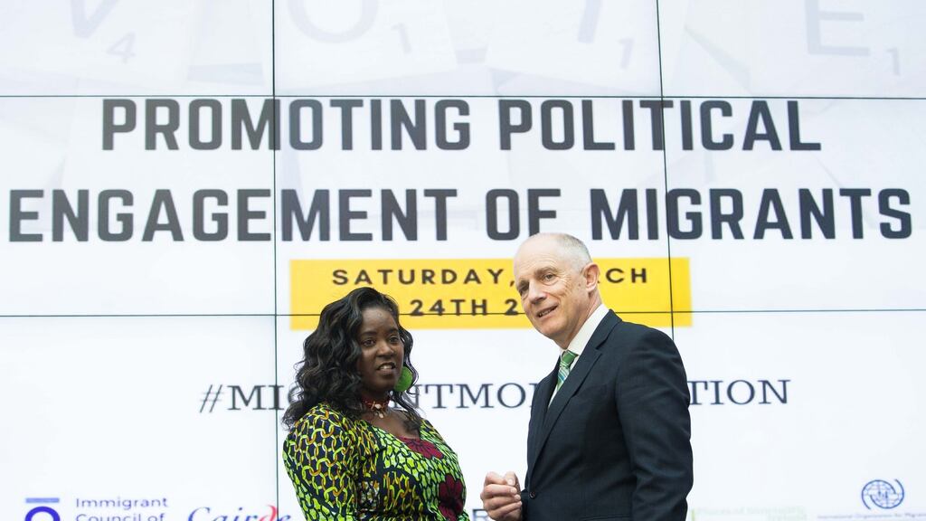 Salome Mbugua of Akidwa with Minister of State for Justice David Stanton. Ms Mbugua is critical of Direct Provision. File photograph: Tom Honan