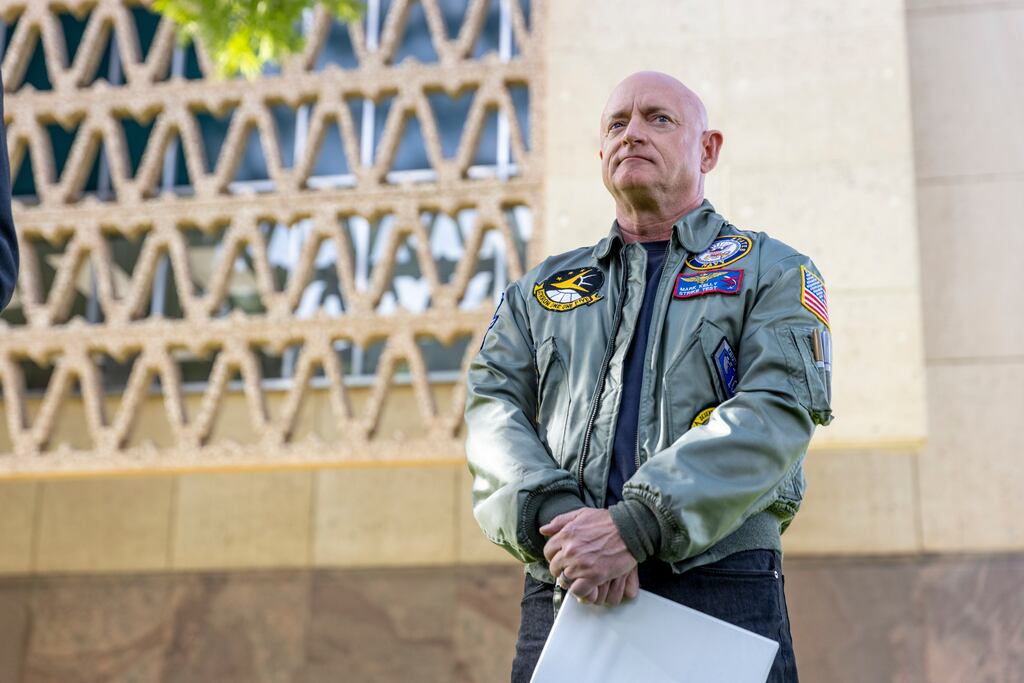 US democratic senator Mark Kelly at a press conference with some Arizona Republican leaders outside the state capitol building in Phoenix, Arizona on November 7th. Photograph: Ilana Panich-Linsman/The New York Times