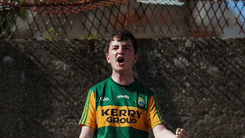 A young supporter celebrates Kerry’s fourth goal during the Munster SFC Final against Cork at Fitzgerald Stadium in Killarney. Photograph: Brian Reilly-Troy/Inpho