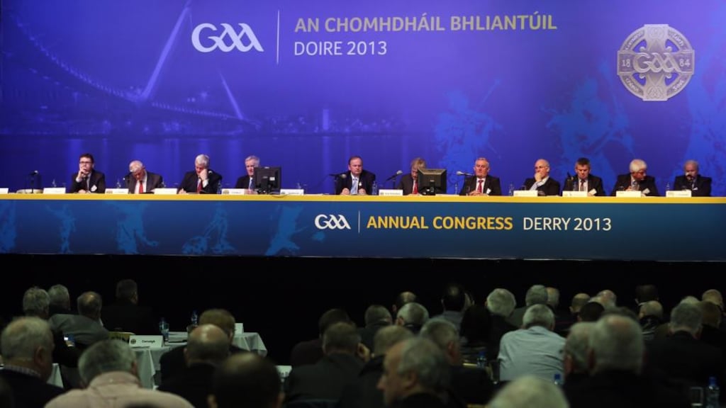 A view of the top table at GAA annual congress in Derry. Photograph: Lorcan Doherty/Inpho/Presseye