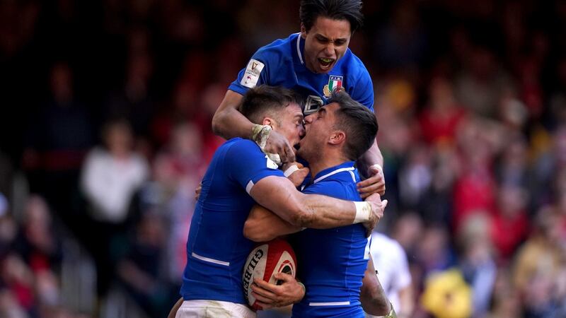 Ange Capuozzo celebrates Italy’s Edoardo Padovani scoring his side’s match-winning try during the 2022 Six Nations victory over Wales at the Principality Stadium in Cardiff which ended the Italians 36-game losing run. Photograph: Mike Egerton/PA Wire