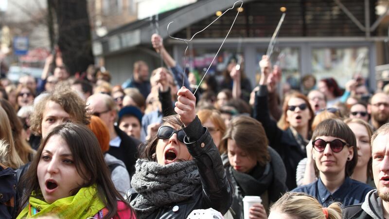 Demonstrating against plans by the Law and Justice government to totally ban abortion in Poland even for medical reasons or following rape. Photograph: Michal Fludra/NurPhoto via Getty Images