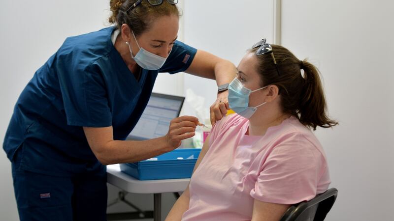 Mary Hanafin administers a Covid-19 vaccine to Rebecca Uzell from Crumlin at the Aviva Stadium. Photograph: Alan Betson