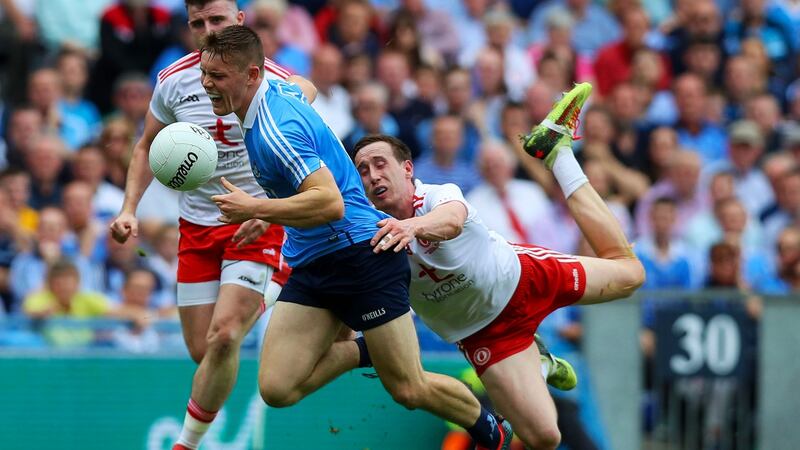 Dublin’s Con O’Callaghan with Colm Cavanagh of Tyrone. Photograph: Tommy Dickson/Inpho