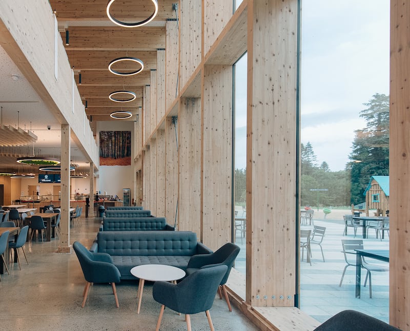 Beyond the Trees, a new visitor centre in Avondale, Co Wicklow. The timber-framed building is the first in Ireland to use long span engineered timber beams made from Irish timber.