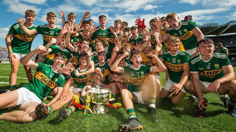 Kerry players celebrate after their All-Ireland minor football championship final win over Galway last year – their fifth title in a row at the grade. Photograph: Tommy Dickson/Inpho