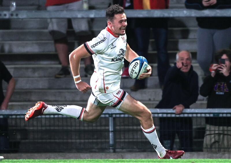 Ulster's Jacob Stockdale runs in to score a late try in the preseason game against the Exeter Chiefs at the Kingspan Stadium. Photograph: Tom Maher/Inpho