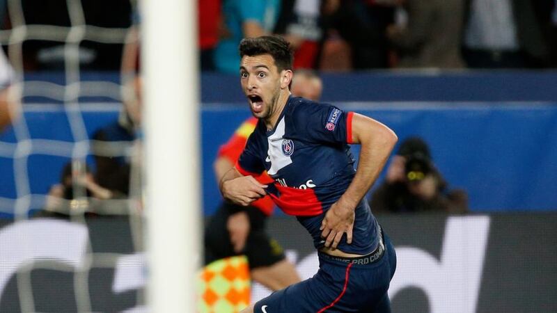 Javier Pastore of Paris Saint Germain watches this goal creep in at the nearpost in Paris. Photograph: Yoan Valat / EPA
