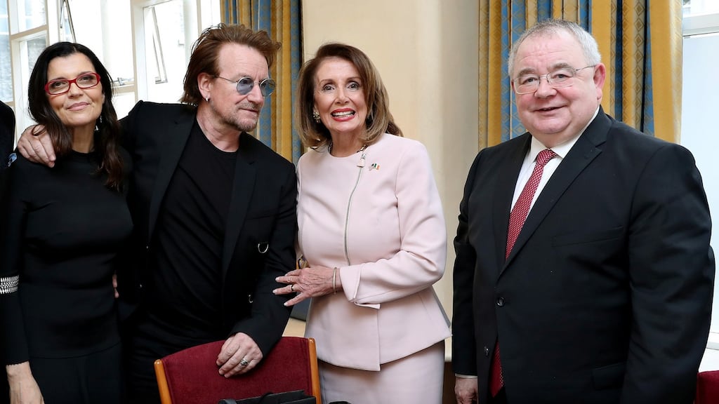 Bono and his wife Ali with US House Speaker Nancy Pelosi and Seán Ó Feargháil at Leinster House: inspired giddy atmosphere. Photograph: Maxwells/Handout