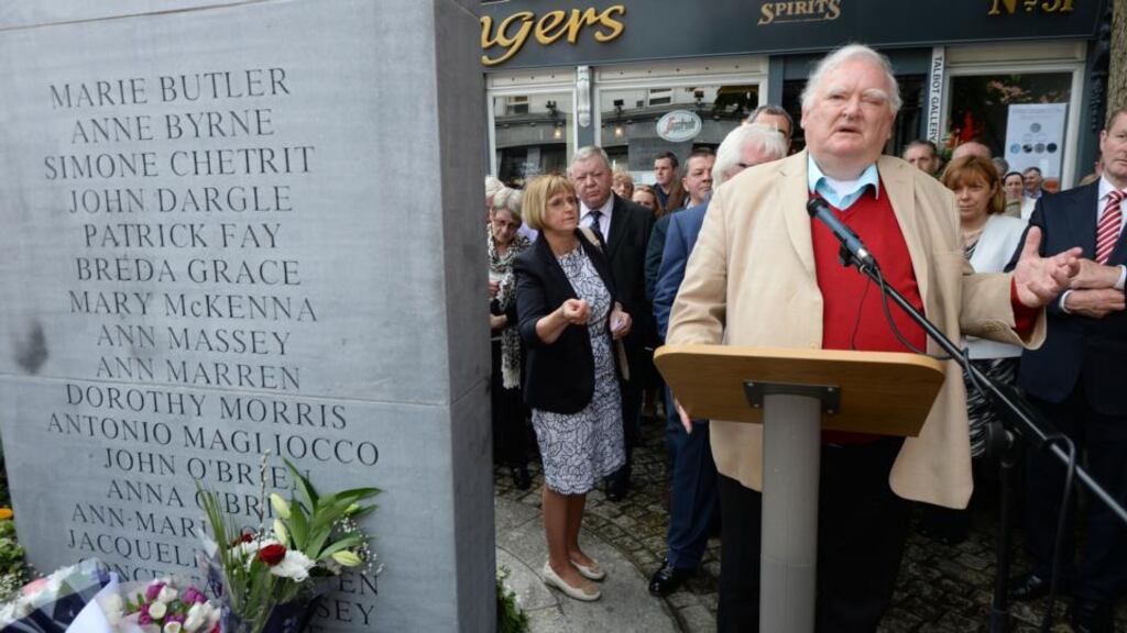 Tim Pat Coogan, delivers the oration at the Justice for the Forgotten Wreath-laying ceremony to mark the 40th Anniversary of the Dublin and Monaghan bombings, at the memorial on Talbot Street, Dublin last May. Photograph: Dara Mac Dónaill / The Irish Times
