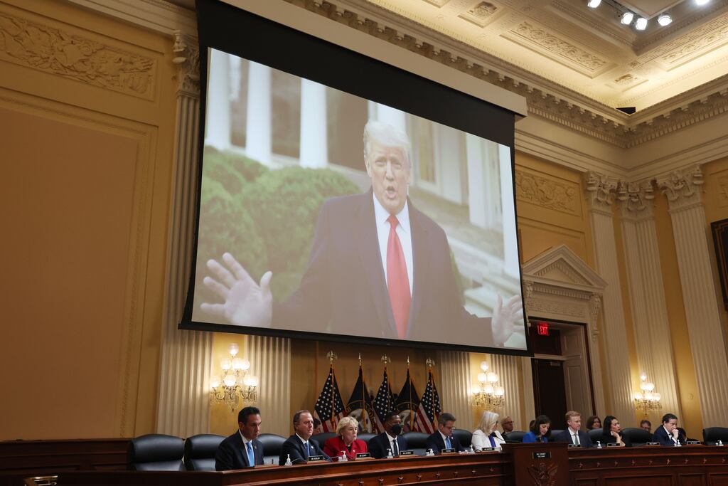 Video of then US president Donald Trump recording a message directed at rioters on January 6th, 2021 is displayed during a hearing of the House Select Committee last Thursday.