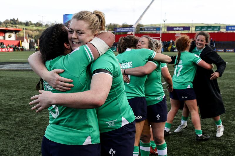 Ireland's Christy Haney celebrates with Sam Monaghan after the win over Wales at Musgrave Park. Photograph: Ben Brady/Inpho