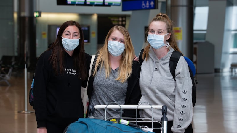 (Left to right): Ciara O’Leary, Fiona O’Brien and Michelle Daly – all from Dublin – after they arrived back from Peru. Photograph: Tom Honan/The Irish Times