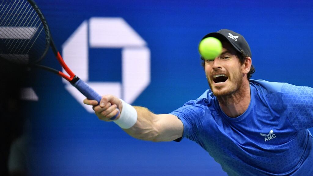 Scotland’s Andy Murray hits a return to Stefanos Tsitsipas during their 2021 US Open match in New York. Photograph: Getty Images