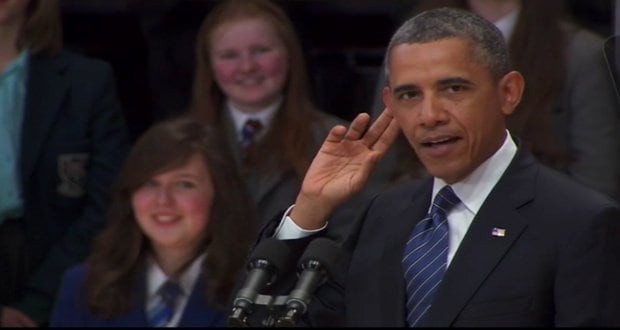 Television screengrab of US President Barack Obama speaking in Belfast’s Waterfront Hall this morning