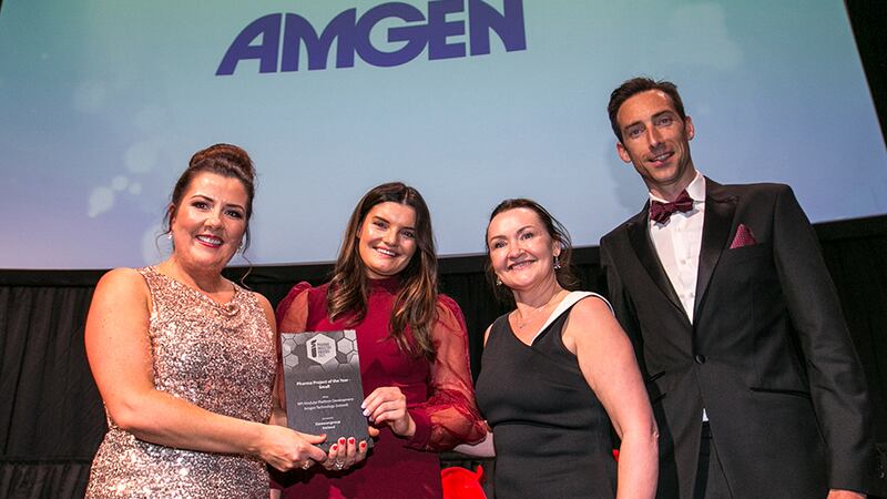 Susan Conroy, Managing Director, Dawsongroup Ireland, presents the Pharma Project of the Year – Small award to the Amgen Technology (Ireland) team.