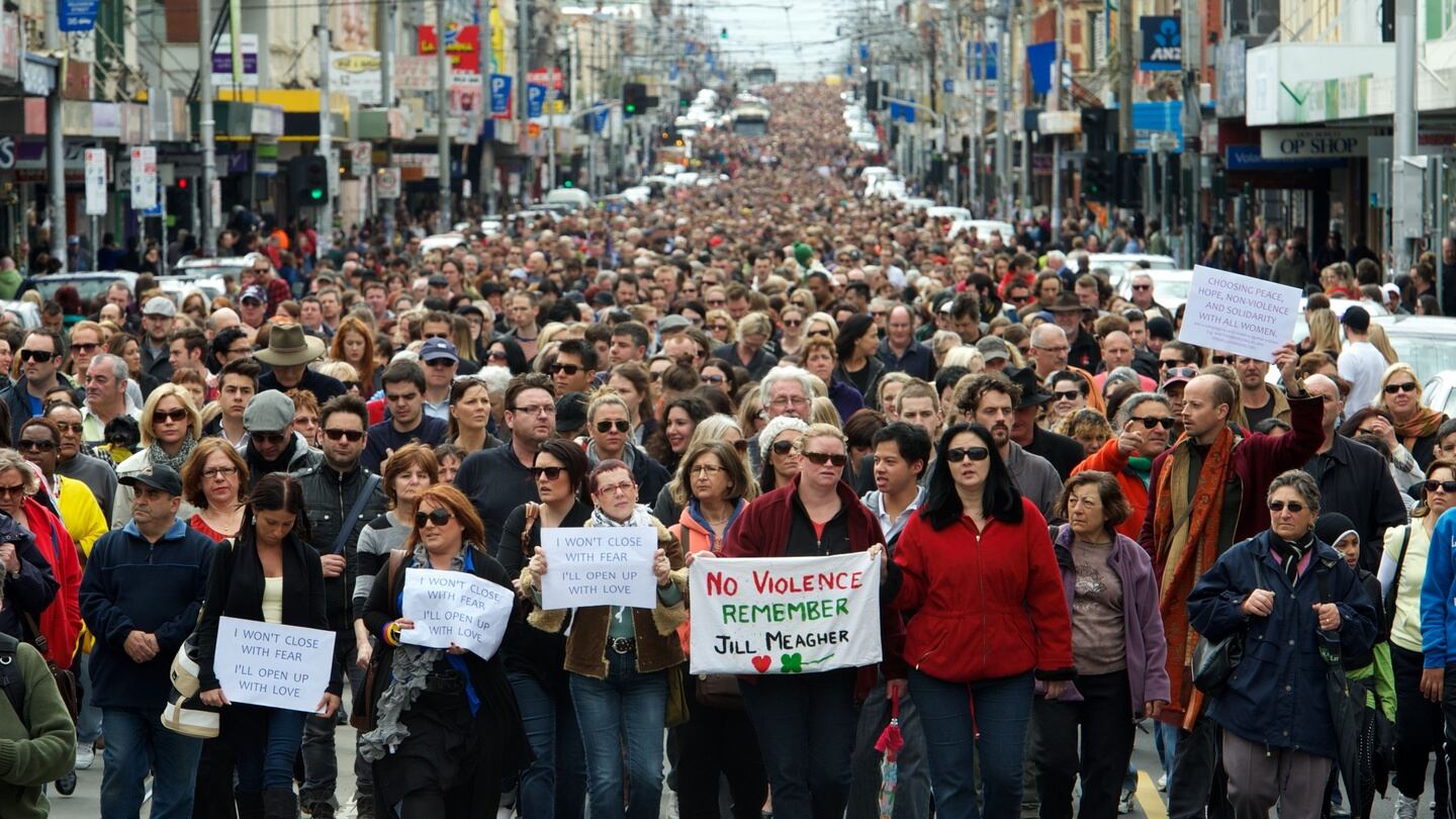 Tens of thousands of people walk along Sydney Road in Brunswick, Melbourne, in a peace march to commemorate murdered Irish woman, Jill Meagher, on September 30th, 2012, in Melbourne, Australia. Photograph: Justin McManus, Fairfax Media/ Getty Images
