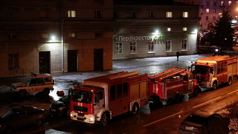 Emergency services vehicles outside a supermarket after an explosion in St Petersburg, Russia, today. Photograph: Anton Vaganov/Reuters