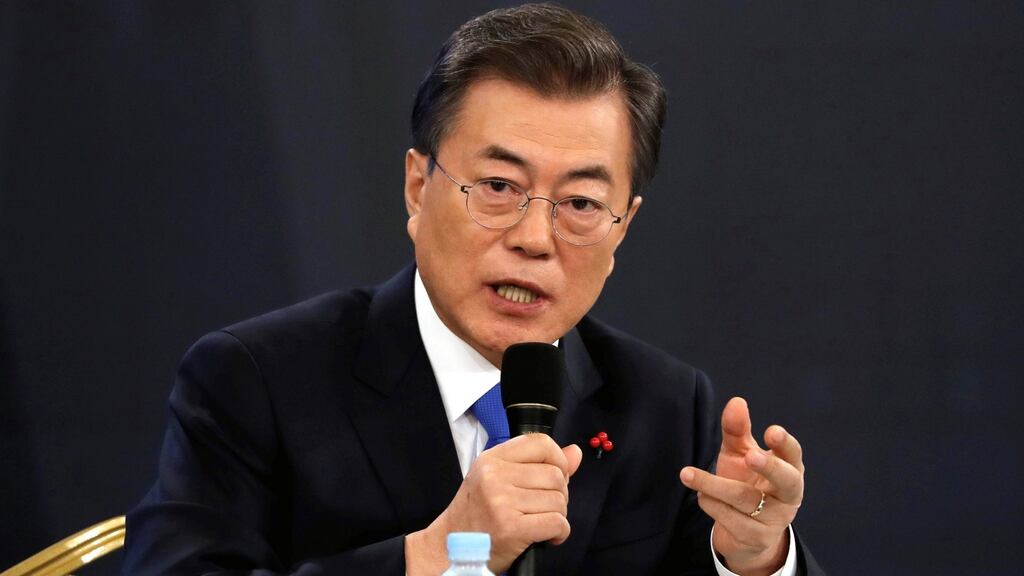South Korean president Moon Jae-in: “I am giving a lot of credit to President Trump . . . I am expressing my gratitude,” he said, of the US president’s role in the Korean talks. Photograph: Kim Hong-Ji /EPA